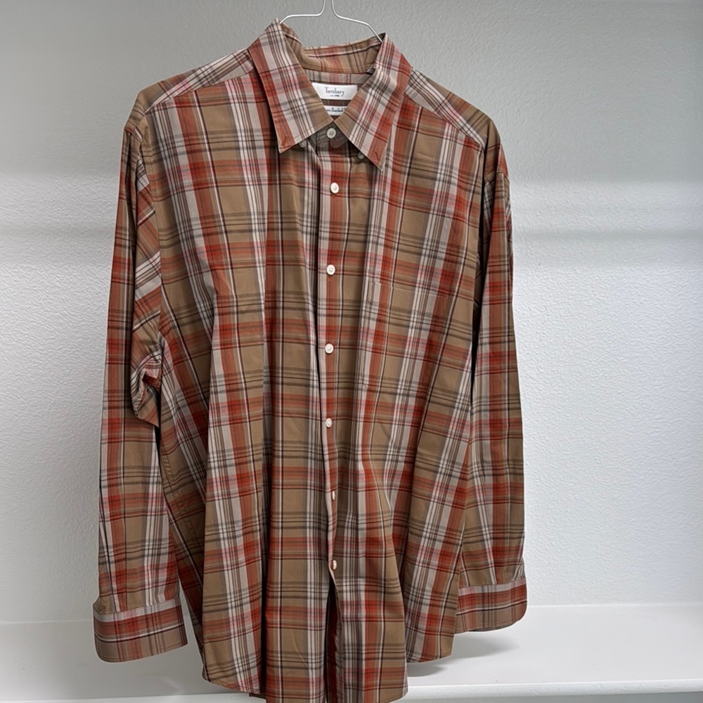 NWOT Turnbury Men’s XL Button Down‎ Long Sleeve Brown Orange Plaid Dress Shirt